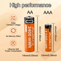 PUJIMAX 1.5V AA&AAA Rechargeable Lithium Battery 3400mWh/1100mWh, Type-C Port Charging Be Reused 1500 Times For Alarm Clocks 3
