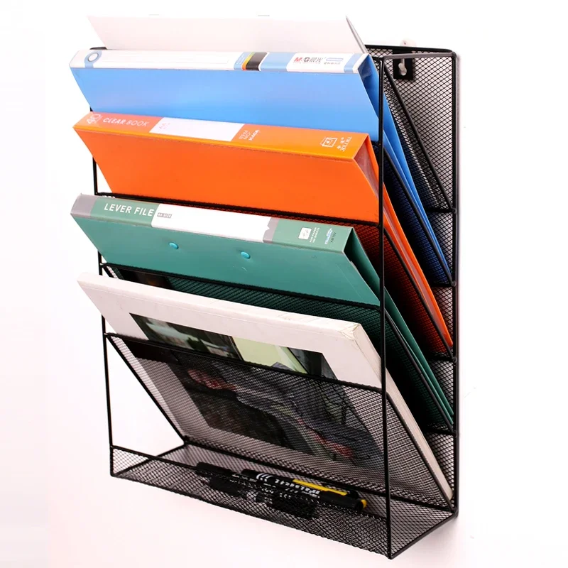 5 Layer Metal Mesh Wall-Mounted Magazine Rack, Office Desk File Organizer, Archive Storage Black Shelf, Space-Saving Solution