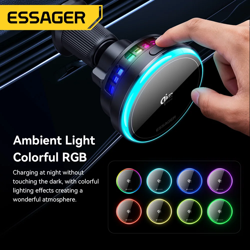 Caricabatterie wireless magnetico Essager da 25 W per Huawei, Xiaomi, iPhone 17, 16 Pro, MacSafe, supporto per telefono da auto RGB, ricarica rapida._voghion.com