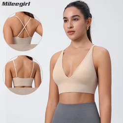 Mileegirl  Women Backless Sexy Sports Bra Nylon Yoga Bra Adjustable Shoulder StrapsFitness Gym Bra Running Sports Crop Top