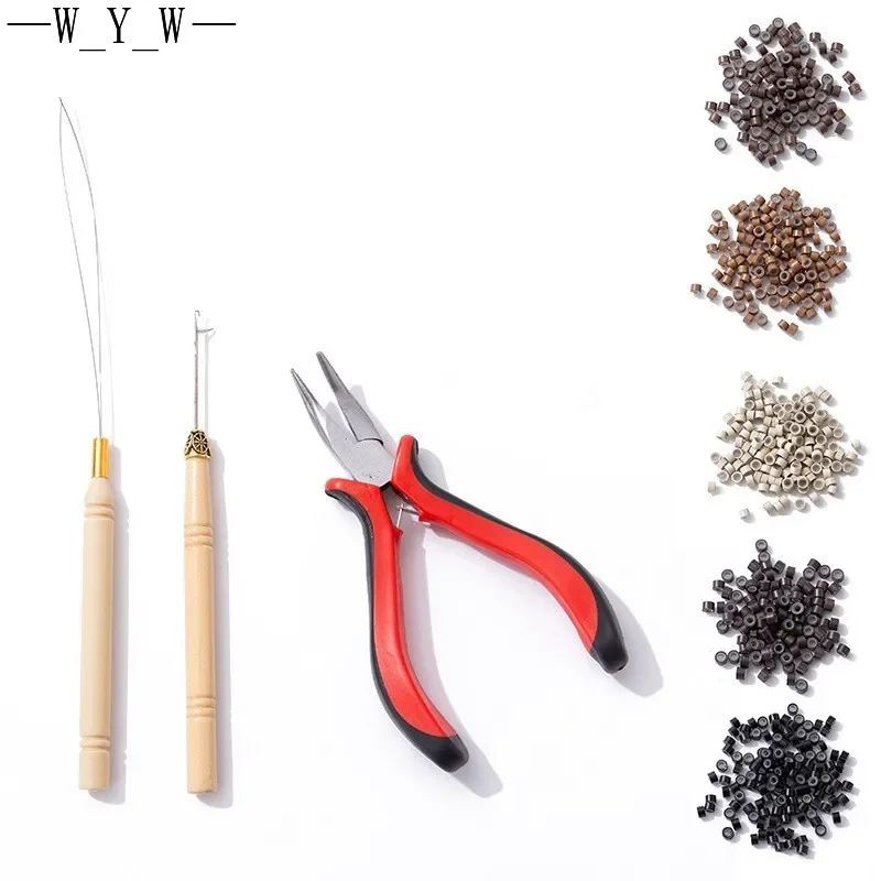 1 Bottle/Bag/100Pcs Micro Links/Beads+1Pcs Pulling Needle+1Pcs Crochet Needle+1Pcs Curved Mouth Plier Hair Extensions Tool Kit