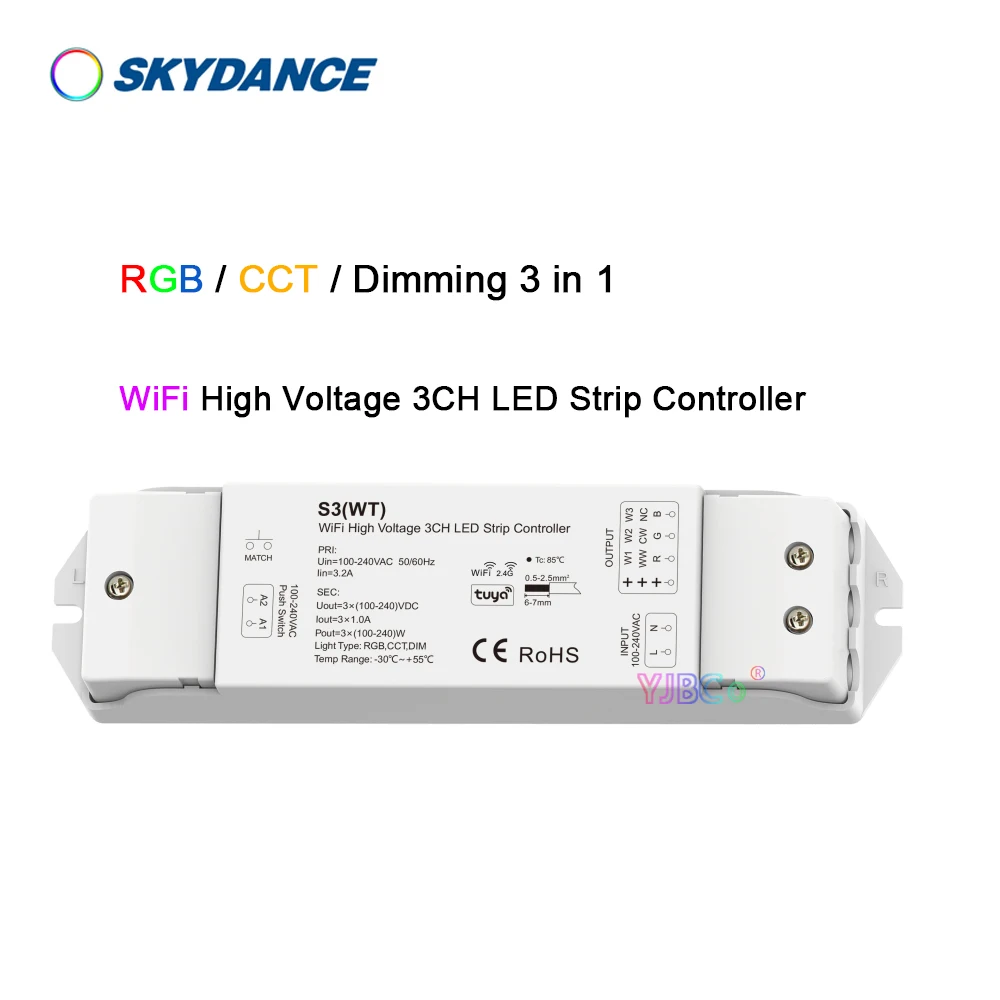 

3CH Tuya APP 110V-220V AC 2.4G color/RGB/single color LED Strip dimmer WiFi RGB/CCT/Dimming 3 in 1 High Voltage LED Controller