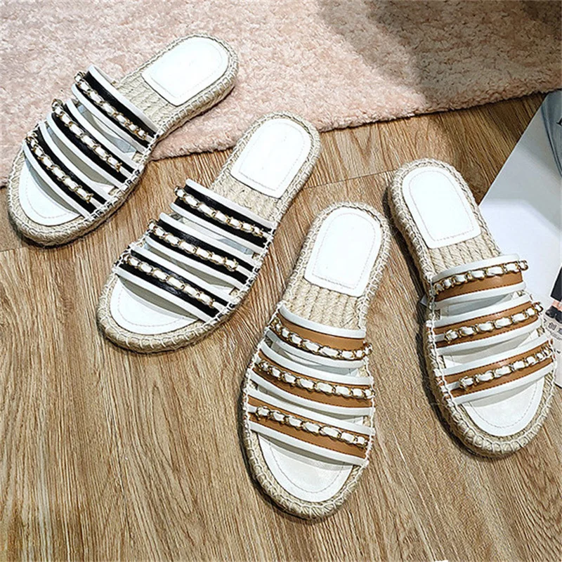 

Chain Straw Woven Hemp Rope Fisherman Zapatos Mujer Shoes For Women Flat Slippers Chaussure Eté Femme Frete Grátis Women's Shoes