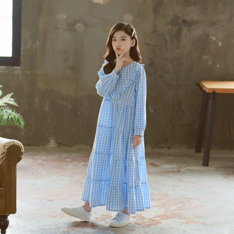 

2023 Baby Girls Spring Summer Maxi Dress Kids Kawaii Blue and White Check Printed Long Dresses Infants Casual Loose Beachwear
