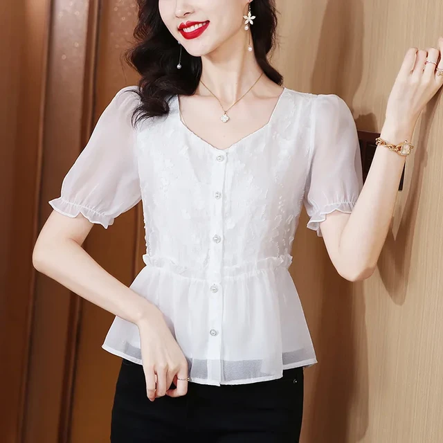 Maglietta Estiva Donna Maniche Corte, Scollo A V Con Bottone, Morbida Rayon, Taglia S, Bianco - 5
