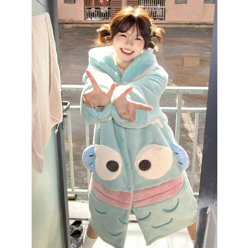 

Sanrio Hangyodon Kawaii зимняя Пижама женская аниме мультфильм Коралловая Флисовая теплая удобная домашняя одежда для студентов Топы пальто подарок