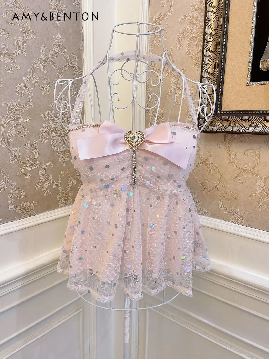 

Spring Summer Sexy Sling Colorful Halter Top Sequined Bow Heart Tank Top Rhinestone High Waist Mesh Short Camisole for Women