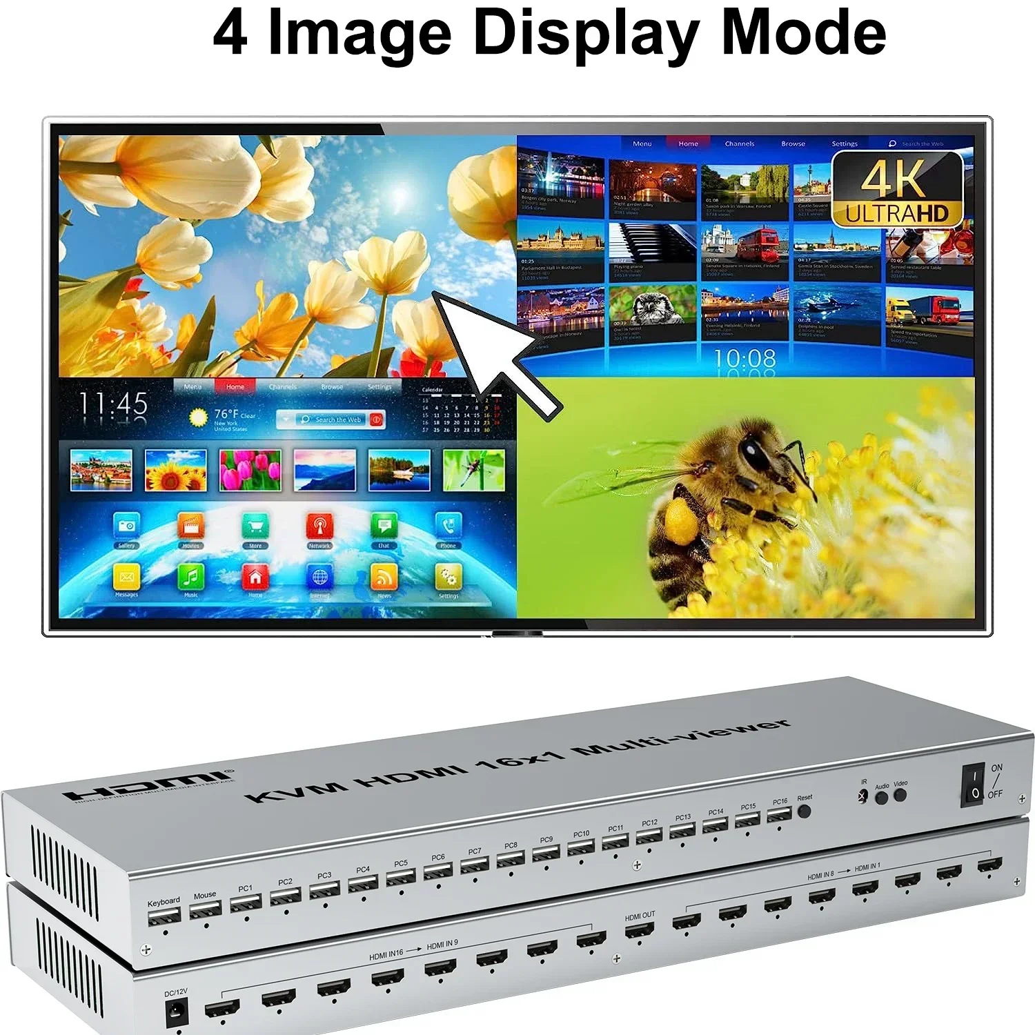 1080p 60Hz HDMI KVM 쿼드 스크린 멀티 뷰어 16입력 1출력 심리스 스위치 HDMI 멀티뷰어 비디오 분배기 (USB 마우스 키보드용)