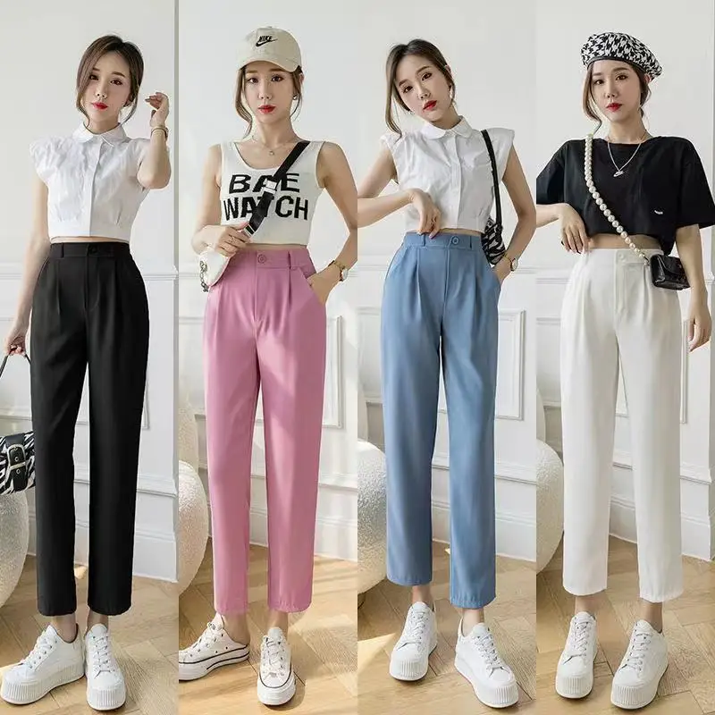 

Новинка весны и лета AliExpress женская одежда повседневные Модные узкие брюки с высокой талией свободные прямые брюки