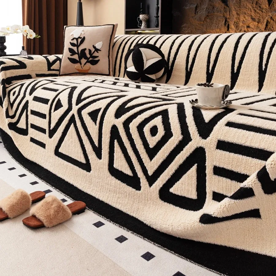 1pc Bohemian Jacquard Warm Tuffed Fleece Sofa Towel Boho Style Soft Leisure Thick Blanket for Living Room Couch Sofa Cover