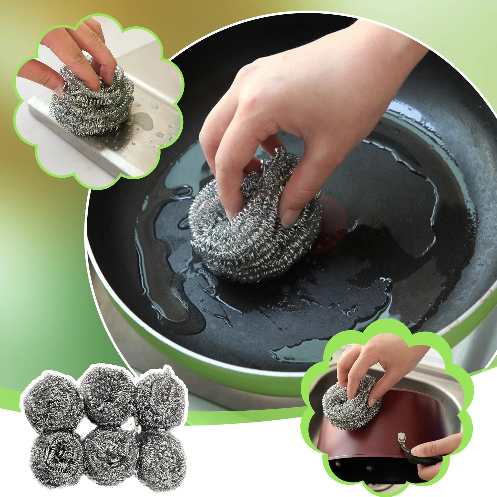6PCs Stainless Steel Sponges Scrubbing Scouring Pad Steel Wire Ball Scrubbers 2