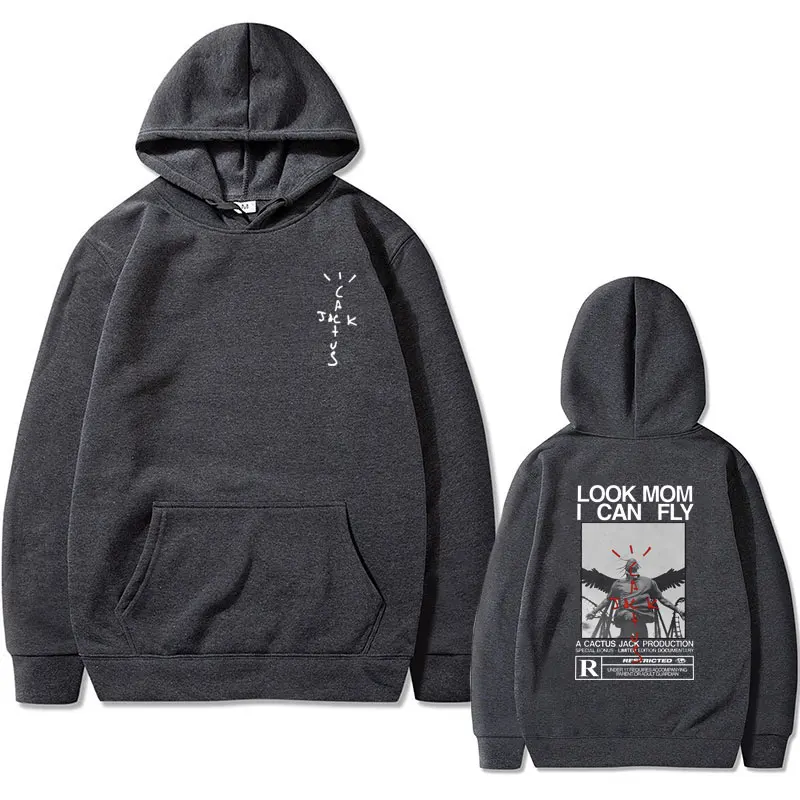 Cactus Jack Graphic Hoodie Male Fashion Look Mom I Can Fly Graphic Sweatshirt Male Hip Hop Rock Tracksuit Men's Fleece Hoody