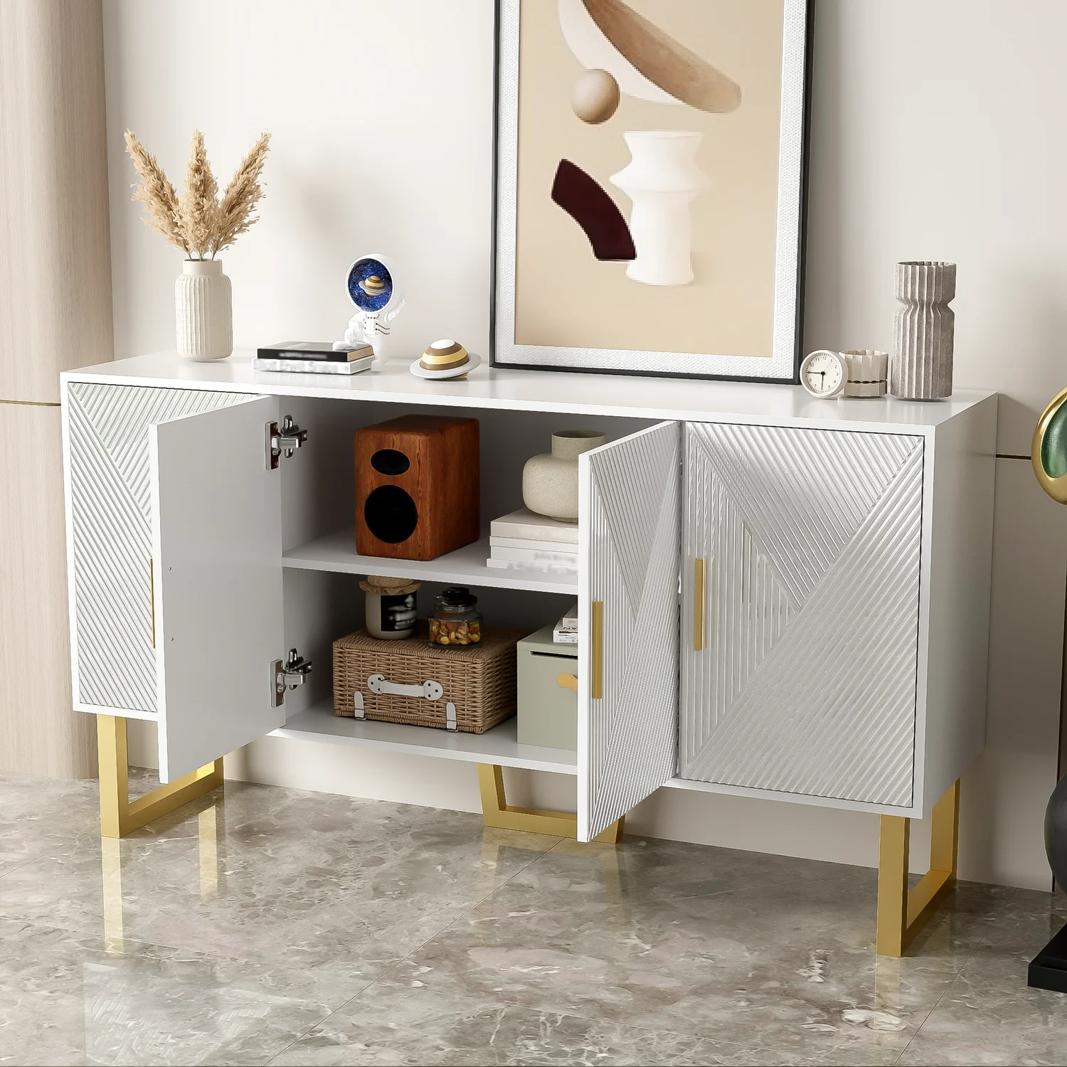 150cm modern, luxurious white sideboard, high-gloss structured doors gold handles 4-door design, height adjustable – Detail 4