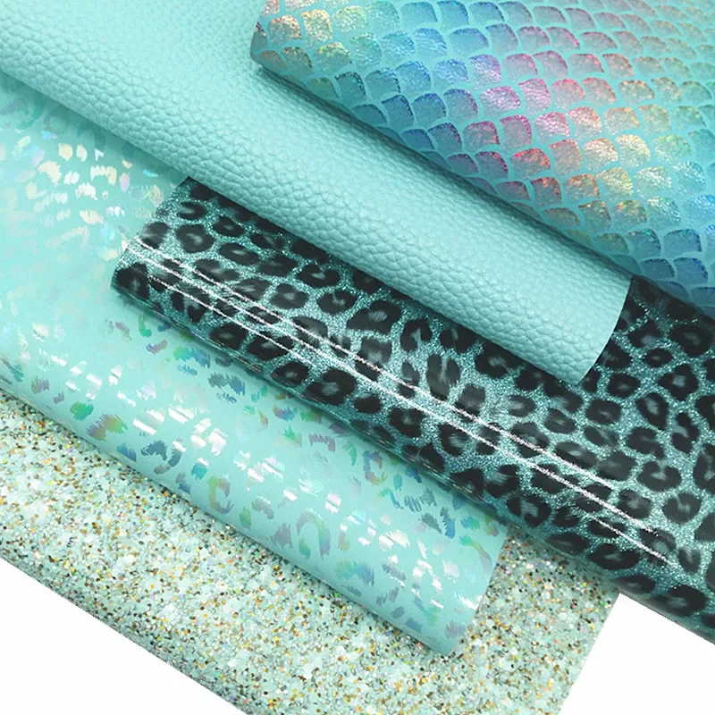 Mint Glitter Leather Sheets Smooth Leopard Glitter Leather Fish Scales Leopard Synthetic Leather Litchi For DIY 21x29CM Y368