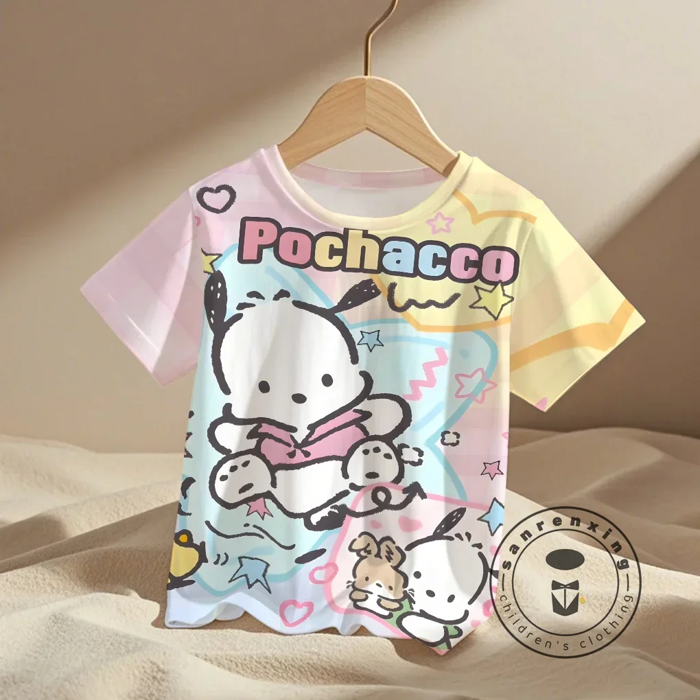 Pochacco 티셔츠 세트 어린이 애니메이션 여름 탑 여러 패션 어린이 티셔츠 라운드 넥 캐주얼 반소매 프린트 트럭 슈트