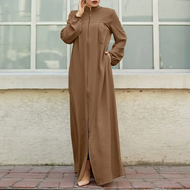 2024 New Muslim Women's Wear Middle East Arabic Style Stand Collar Zipper Cardigan Pocket Loose Temperament Dress abaya femme