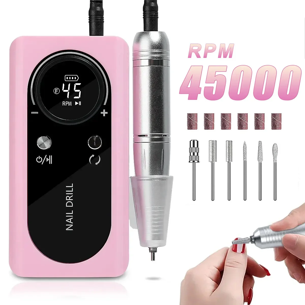 Electric Nail Drill 45000RPM With LCD Display Rechargeable Nail File Nails Accessories Gel Polish Sander Low Noise