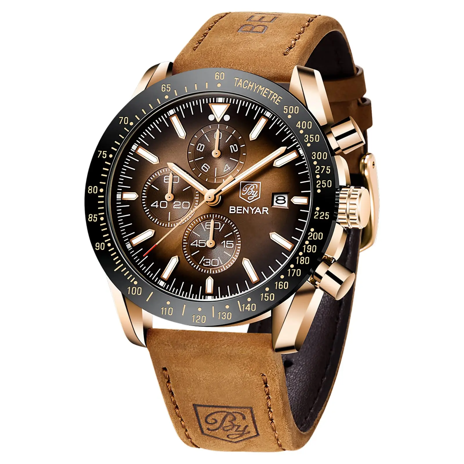 

BENYAR Mens Watches Quartz Movement Chronograph Leather Strap Fashion Business Sport Design 30M Waterproof Elegant Gifts for Men