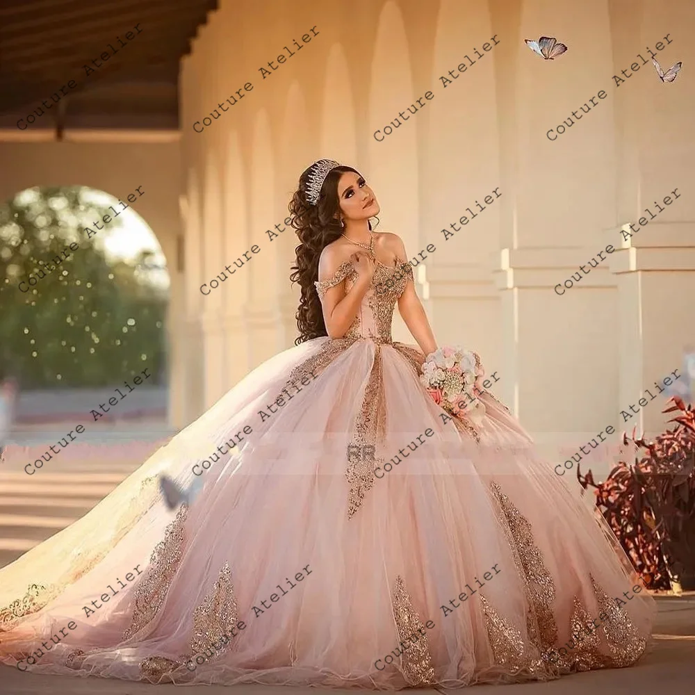 Pink Quinceanera Dresses Sweetheart Off Shoulder Princess Sweet 16 Years Old Birthday Prom Party Gown Backless Customized