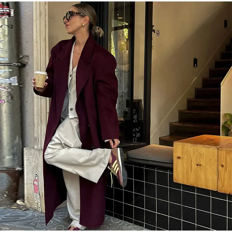 Fashion Burgundy Red Woolen Long Coat Women Oversized Shoulder Pads Full Sleeve Double Breasted Overcoats Autumn Lady Streetwear