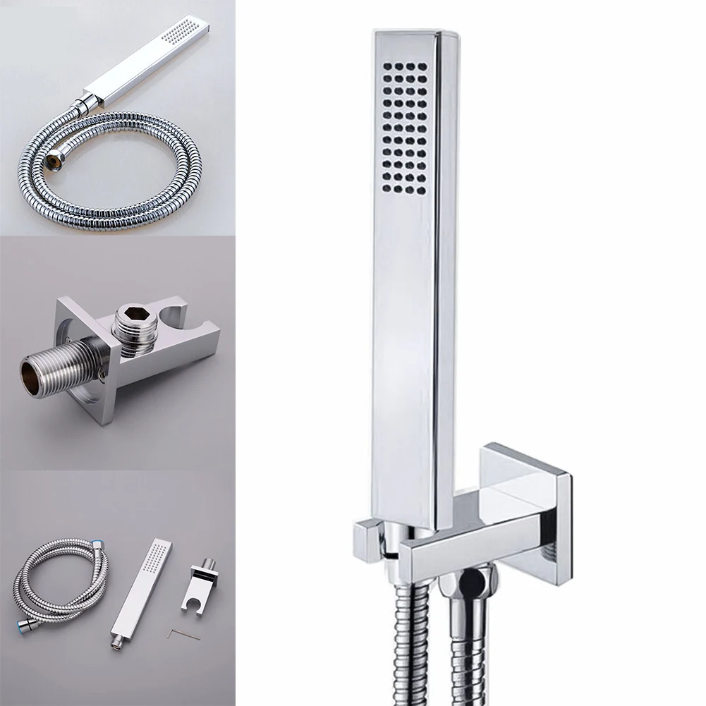 BathroomHandShowerBrassSquareHandheldShowerHeadWithOutletShowerHolderHoseChrome