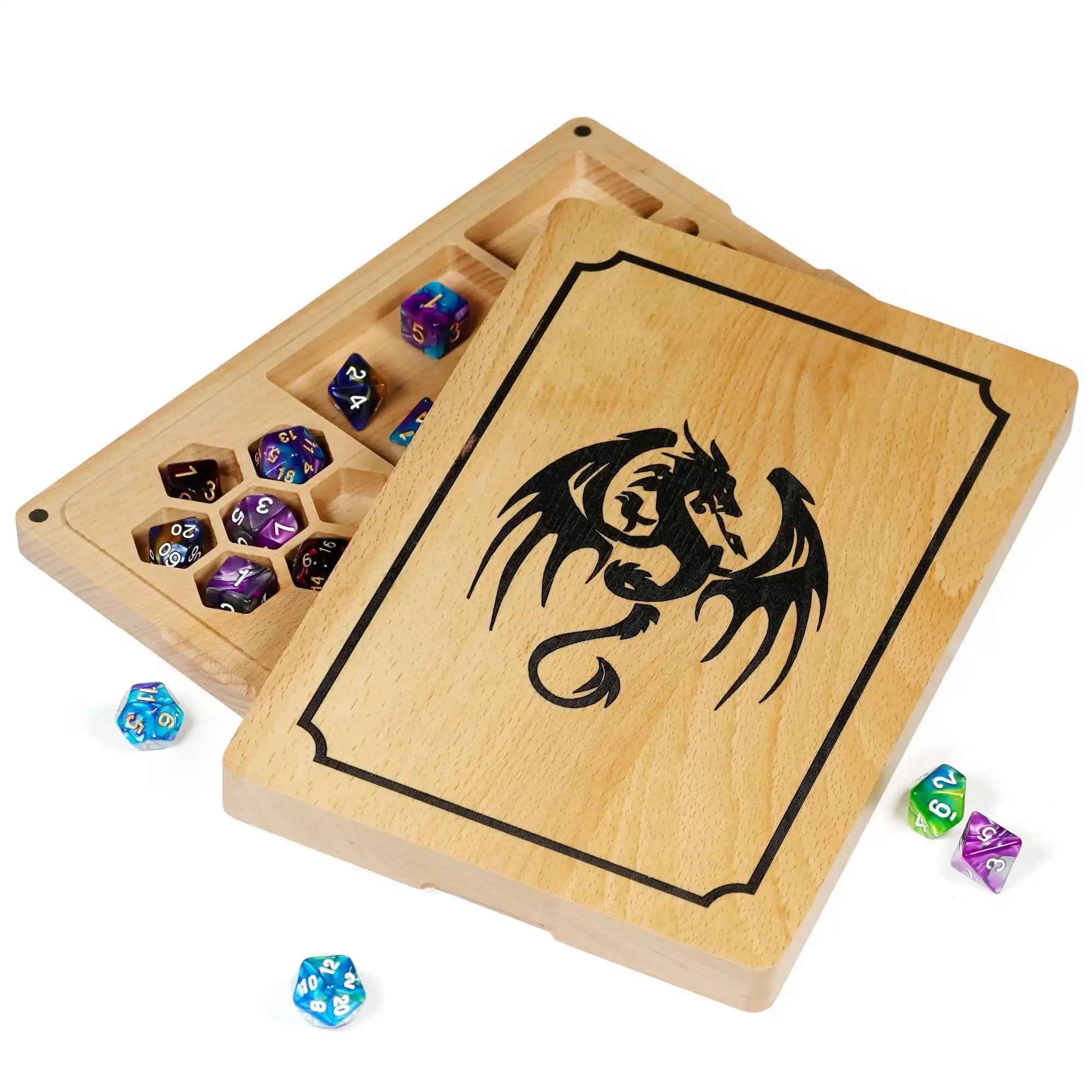 2 in 1 Wooden Dice Case & Dice Tray, Multifunction Box, Rectangle Bamboo Holder for Set, D&D, RPG, Tabletop Games