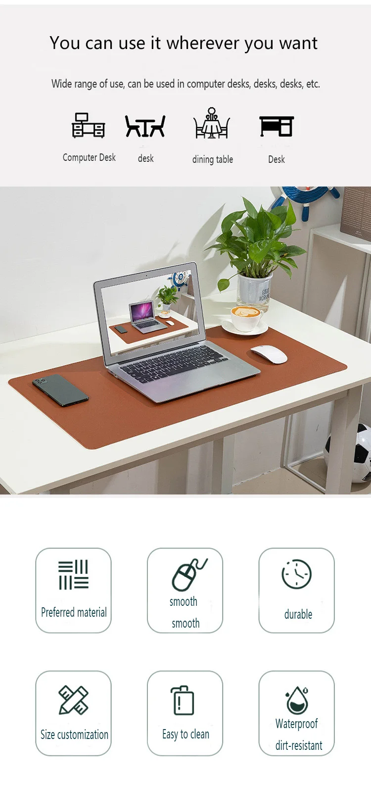 Tapis De Souris Bureau En Cuir Imperméable - 80x60 Cm Crème, Antidérapant, Facile à Nettoyer - 9