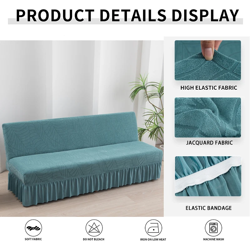 Jacquard Armless Futon Cover with Skirt Ruffled Stretch Futon Sofa Bed Cover Machine Washable Stain Resistant Futon Couch Cover 3