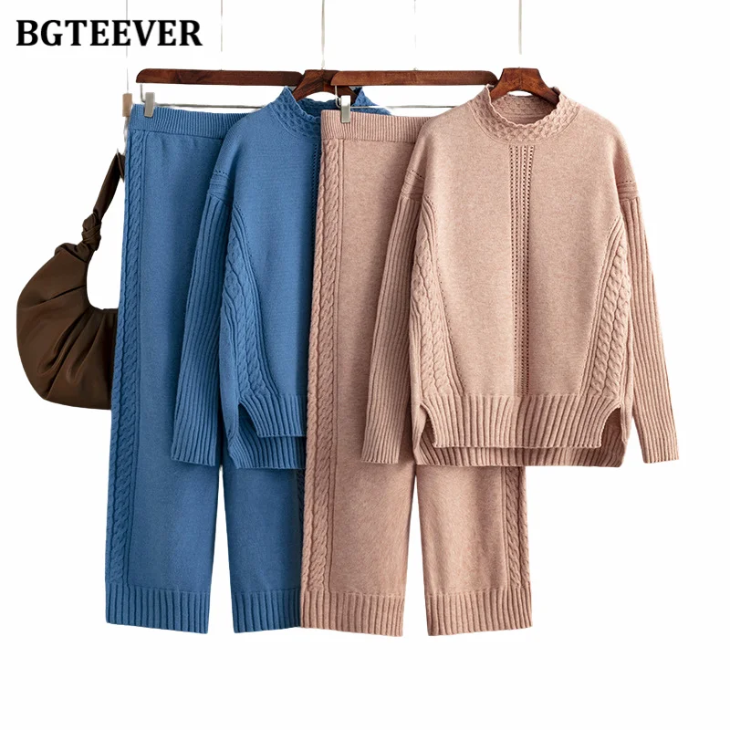 

Зимние женские блестящие пуловеры BGTEEVER с полувысоким воротником, женские брюки с широкими штанинами, Женский вязаный комплект