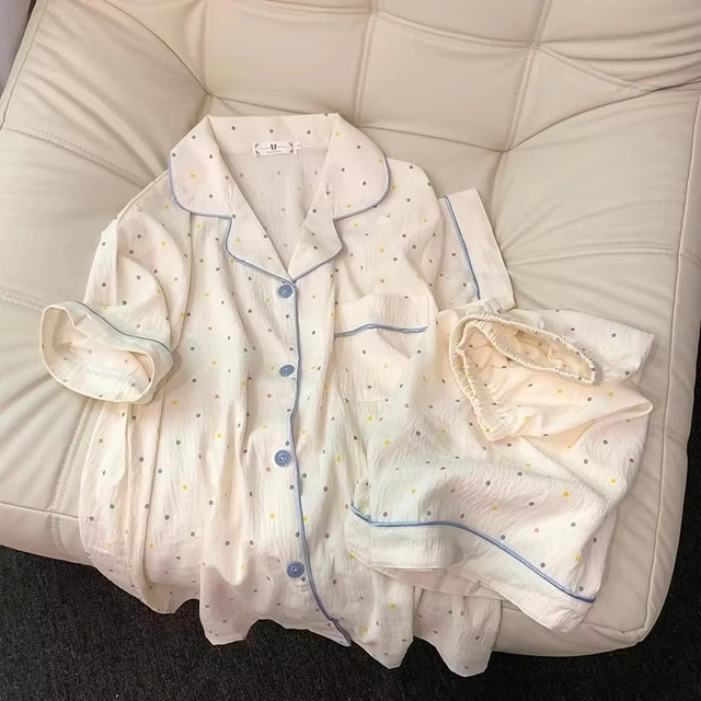 Women's printed polka dot cotton pajamas set, short sleeved top and shorts 2-piece set, casual and comfortable home set, sweet