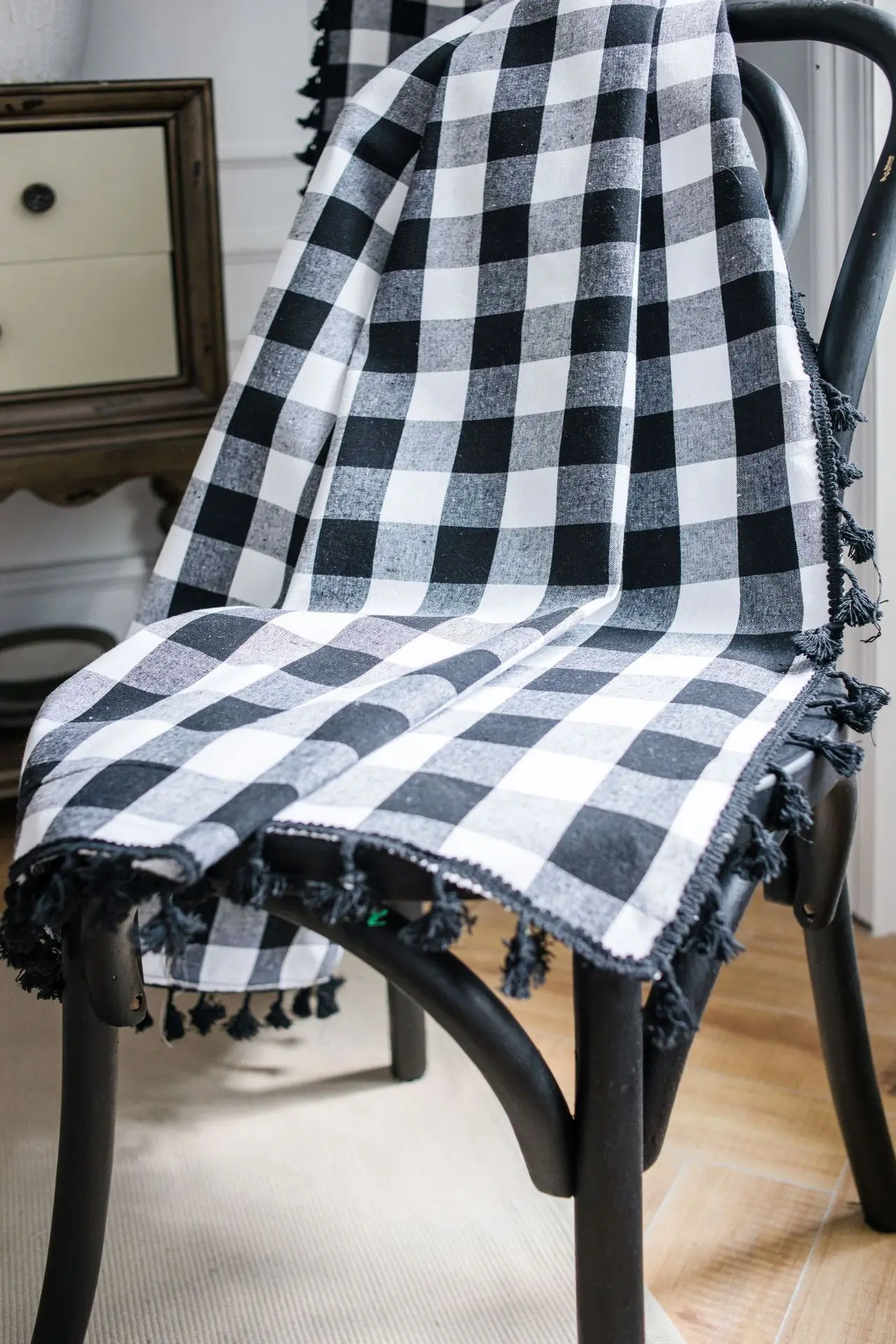 Description Picture 6 of itemSemi-Blackout Windows Vintage Curtains for Bedroom Drapes in Living Room Black and White Squares Tassel Farmhouse Home Decor