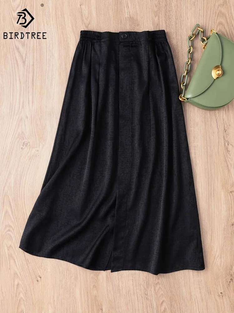 

Birdtree 93%Mulberry Silk 7%Spandex Women's Skirts Fashion Black Elastic Waist Satin Skirt A-line MIDI Lower Garment B37966QM