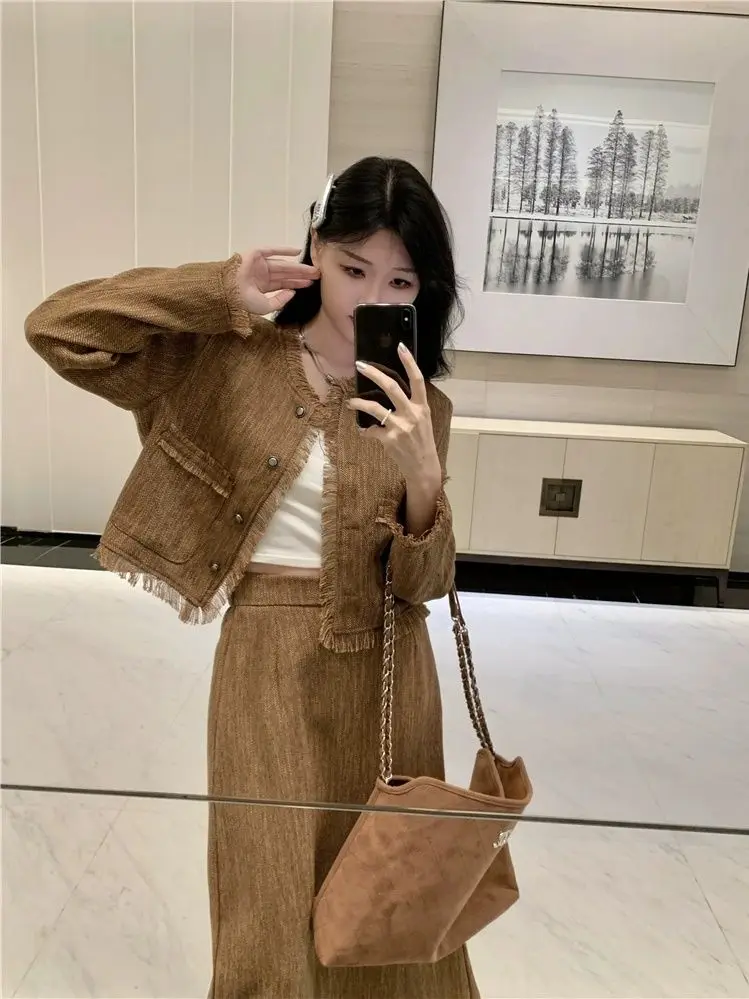 

Plus Size French Retro Style Short Tassel Design Women's Suit Jacket Coat High Waist Long Skirt Autumn and Winter Fashion Set