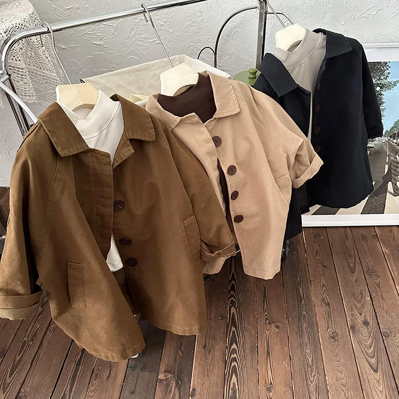 

2023 Autumn Korean Style Boys Mid-length Windbreak Girls Lapel Collar Casual Trench Jackets Kids Solid Color Wind Coats