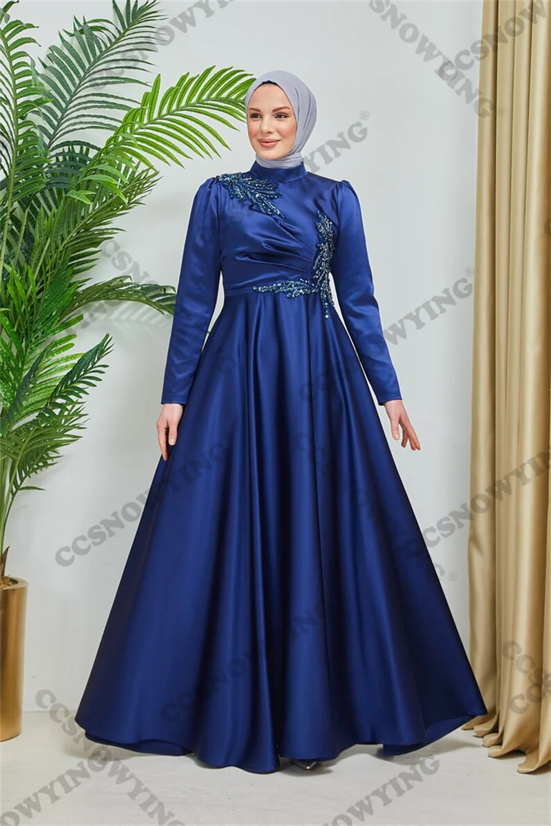 

Appliques Beaded Muslim Evening Dresses Satin Long Sleeve Islamic Formal Party Gowns High Neck Women Arabic Robes De Soirée