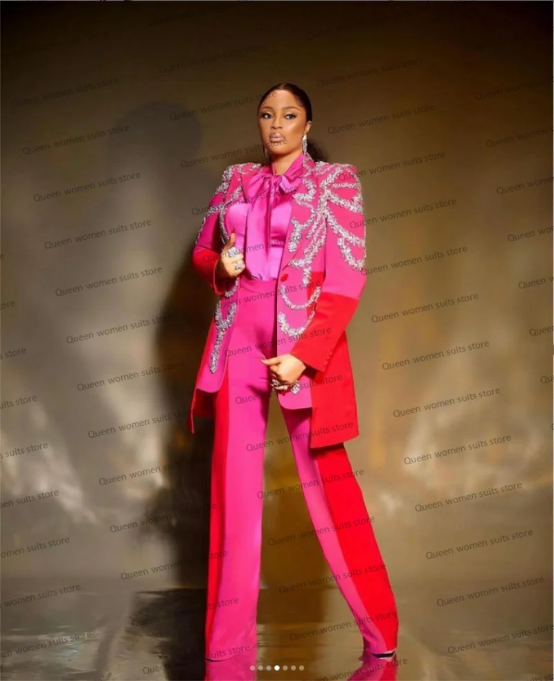 Pink Suit Wedding Ladies Coat Pant Crystal Women Suits Set Blazer+