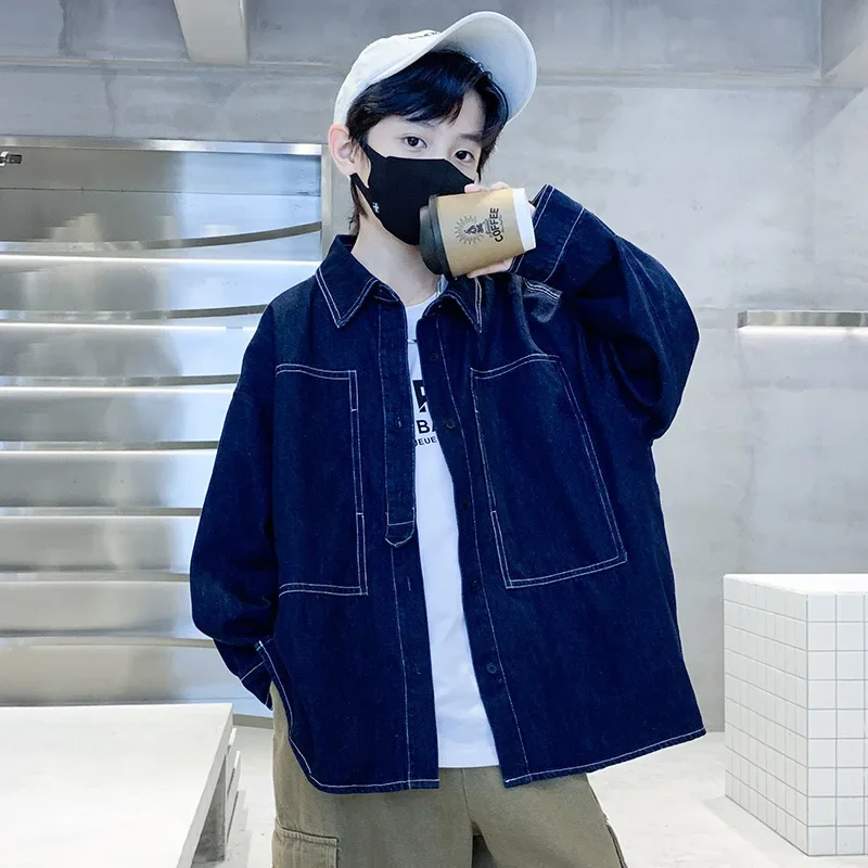 Spring Fashionable Boys' Denim Shirt Children's Outerwear Big Kids Trendy Street Style Spring Autumn Clothing for Boys
