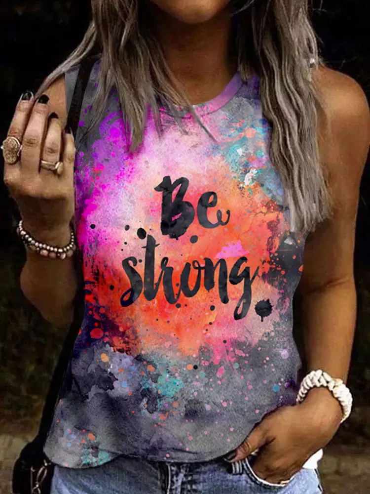 

Women Be Strong Tie Dye O-Neck Tank Tops Fashion Print Vest Camisole T-Shirts Streetwear Harajuku Casual Sleeveless 2023 Summer