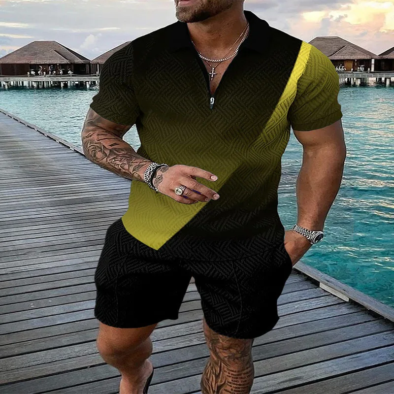 Summer Casual Sports T-shirt Shorts 2-piece Contrasting Color Beach Casual Sports Party Men's Suit
