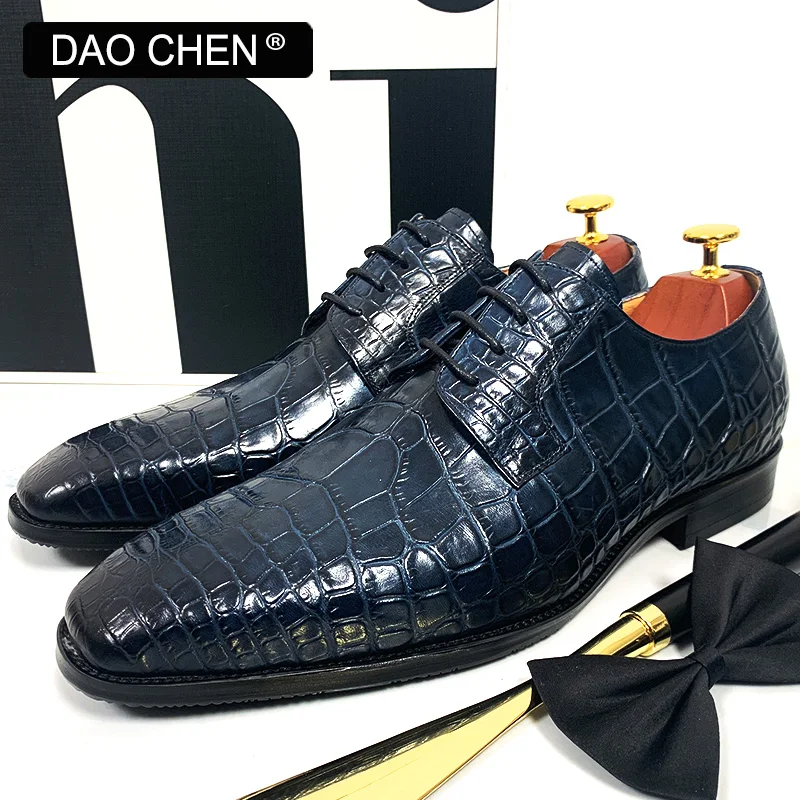 Mens Leather Dress Shoes DAOCHEN ITALIAN MEN LEATHER SHOES BLUE BLACK CROCODILE PRINT LACE UP CASUAL DRESS MAN SHOE OFFICE WEDDING SHOES FOR MEN