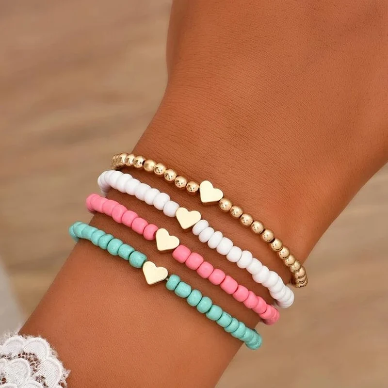 

YWZIXLN Boho Engraved Multilayer Colorful Beads Chain Heart Pendant Bracelet Accessories Best Gift For Women Wholesale B052