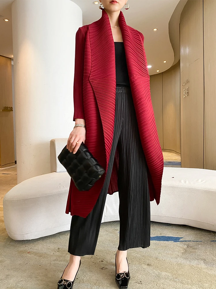 

YUDX Miyake Pleated Women's Long Jacket 2023 Turn-down Collar Pen Stitch Long Sleeve Windbreaker Loose Oversize Cardigan Coats