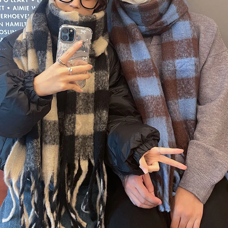 Plaid Scarf Checkerboard Soft Scarfs Women's Winter Warm Dual Use Long Shawl Vintage Thickened Scarves 6