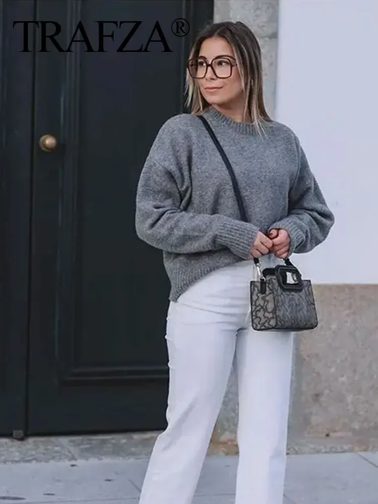 HH Autumn Winter Women Gray Pullover Sweaters Female Long Sleeve Loose Knit Jumper O-Neck Knitted Oversized Outerwear