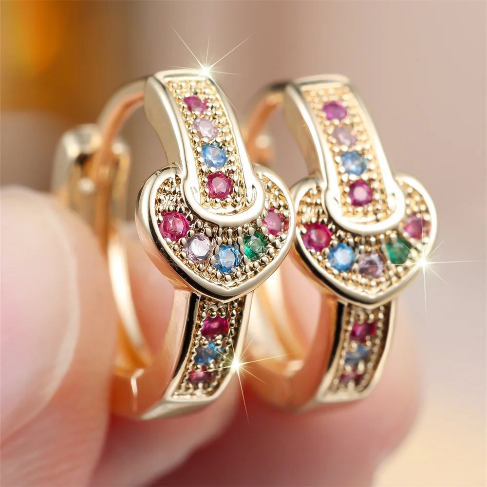 Multicolor Zircon Round Stone Love Heart Hoop Earrings For Women Vintage Gold Silver Color Ear Buckle Wedding Party Jewelry Gift