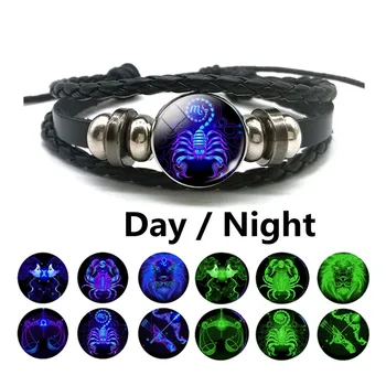 Glowing In The Dark 12 Constellation Leather Wrap Bracelet Punk Zodiac Braided Bracelet for Women Men Gifts Drop Shipping