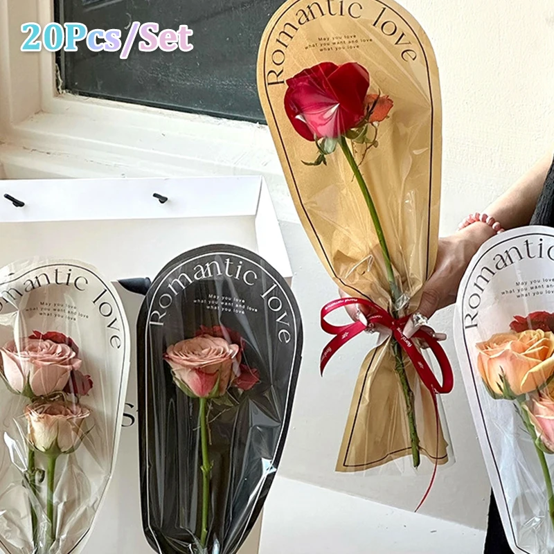 

20Pcs/pack Flower Wrapping Paper Bouquet Packaging Bag Clear Cellophane Single Rose Sleeves Floral Wrappers For Valentine's Day