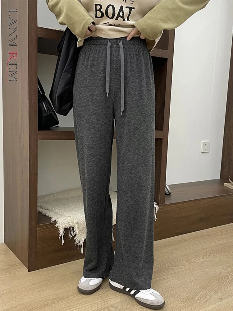 

[LANMREM] Minimalism Drawstring Casual Loose Pants For Women Elastic High Waist Straight Wide Leg Trousers 2024 Spring New