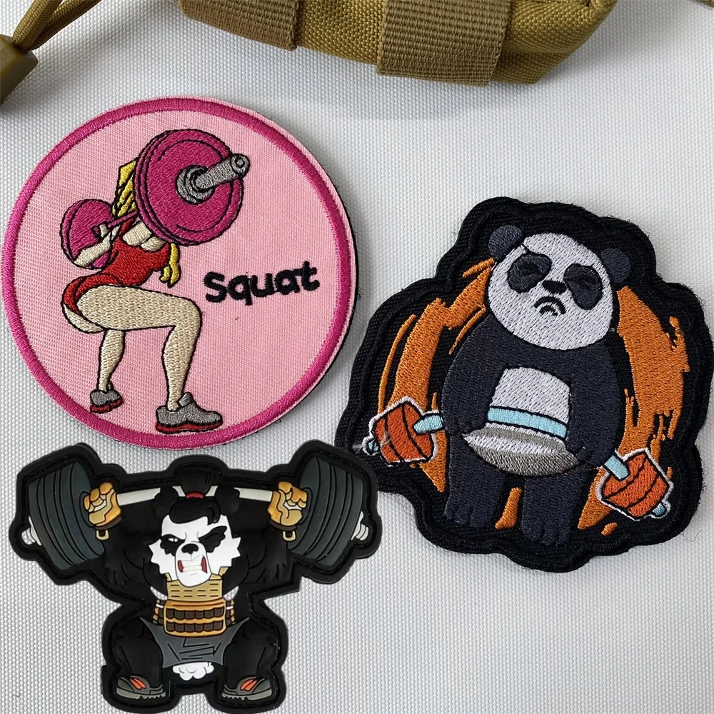 Fitness Weightlifting Embroidery Patch - Panda Monkey Hook and Loop Dumbbell Design