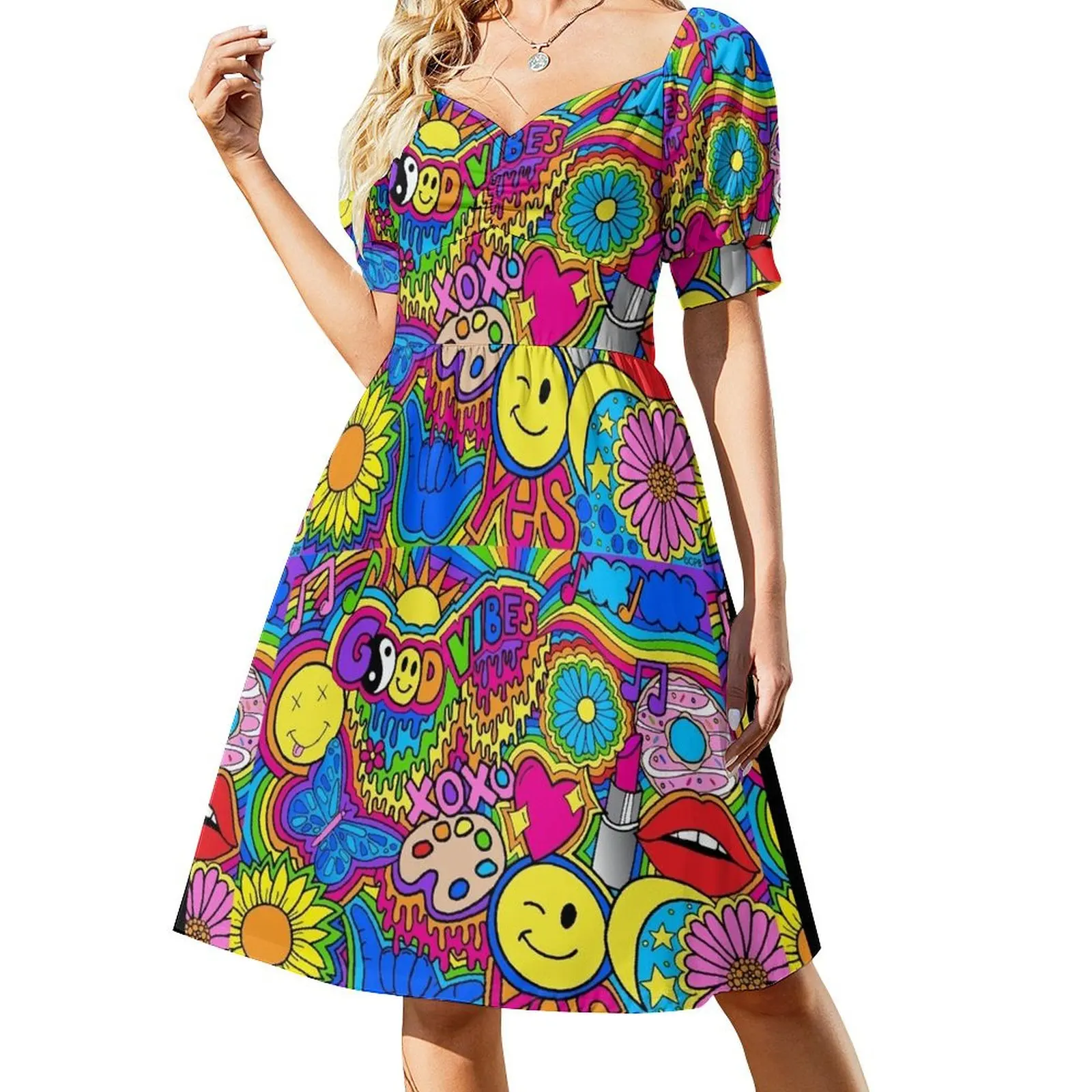 thumbnail image 1 of Vestido de manga corta con estampado hippie, ropa para mujer, vestido de noche para mujer, atuendos de verano para mujer, 1 of 7